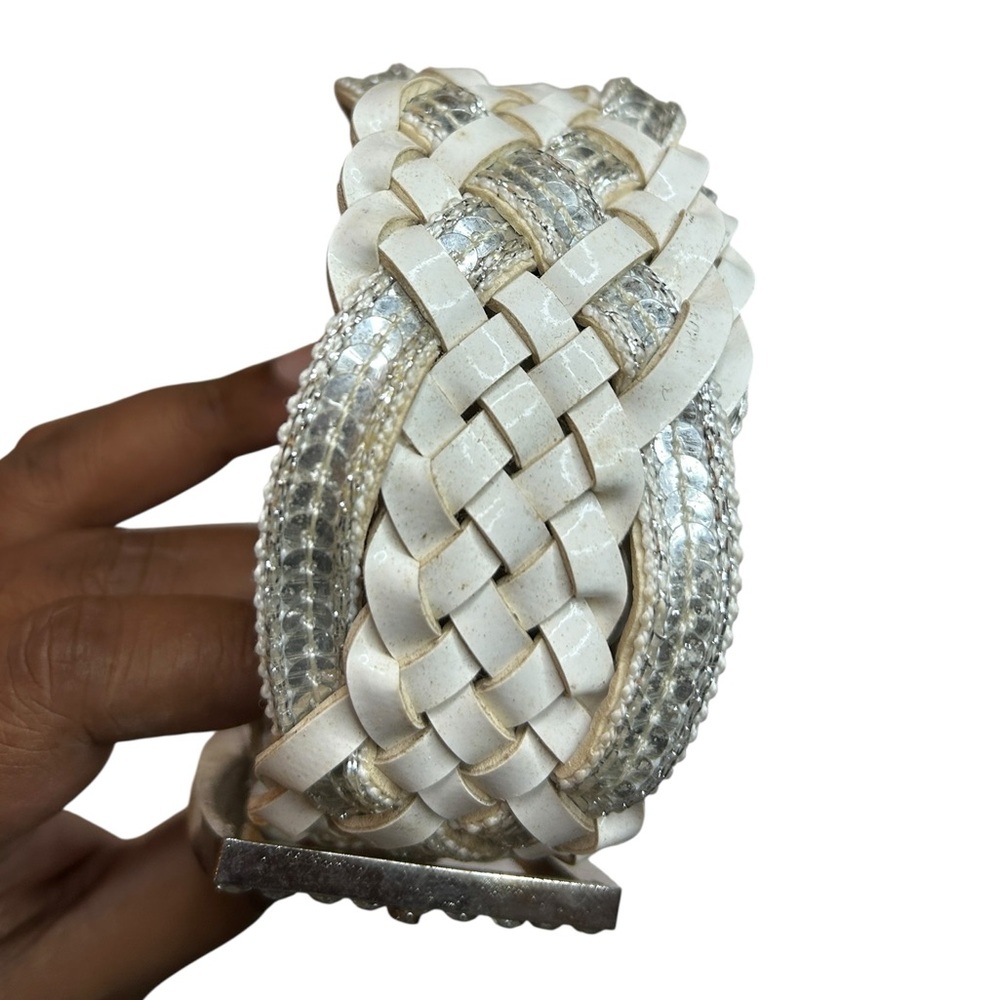 White and Silver Braided Belt with Rhinestone Buckle | 33” Y2K Style Fashion